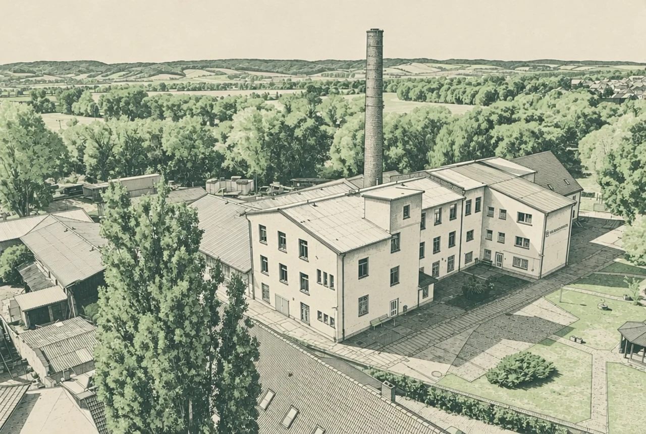 Gezeichnete Luftansicht der realen Schuhfabrik mit Hauptgebäude, Werkhallen, Schornstein und Innenhof