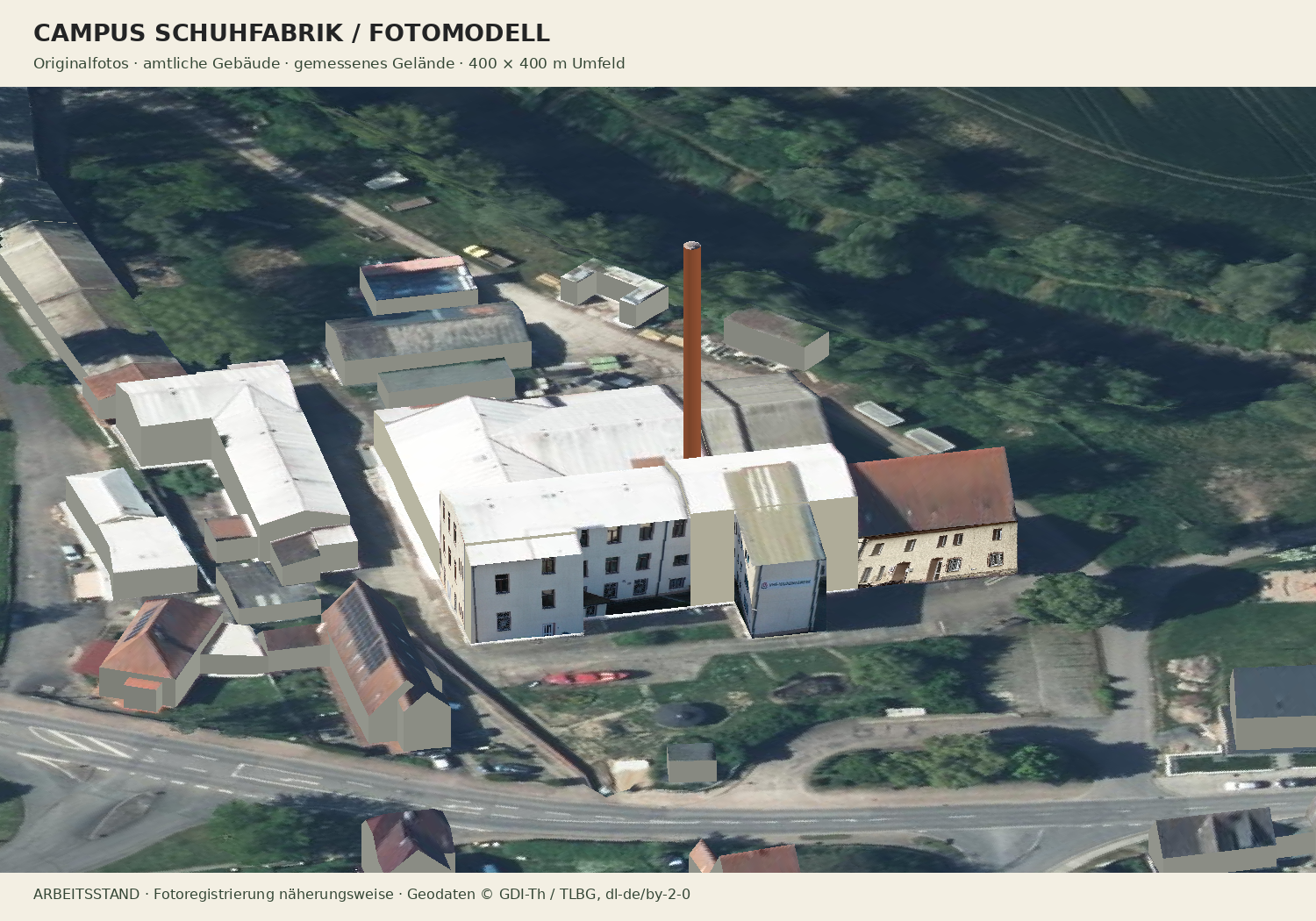 3D-Modell von Hauptgebäude, Hallen und Schornstein der Schuhfabrik